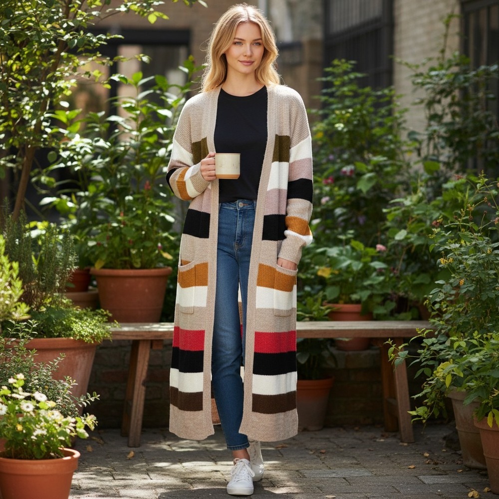 Allison Joy Cardigan Womens Multi Color Striped Longline Duster Sweater Medium